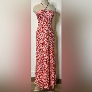 Chetta B Sherrie Bloom Peter Noviella Silk Leaf Pattern Maxi Halter Dress